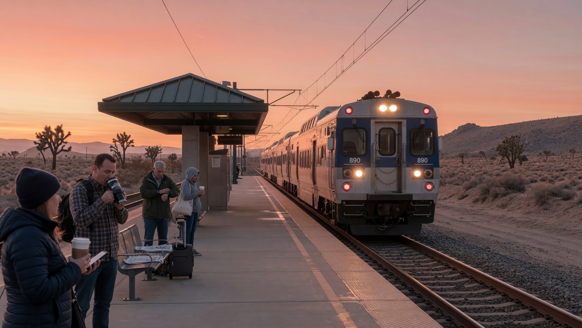 Commuters wait at a desert train station at sunset as an Antelope Valley Metrolink train approaches on the tracks with Joshua trees and mountains in the background.