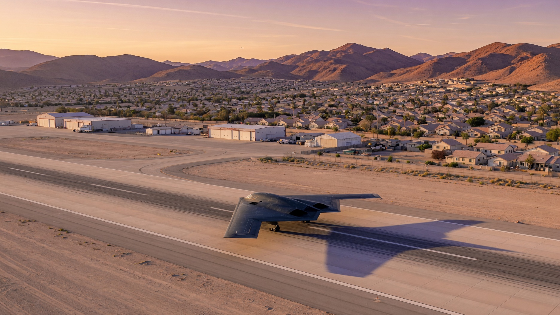Military aircraft on runway at Palmdale Regional Airport with suburban neighborhoods and brown mountains in background at sunset.