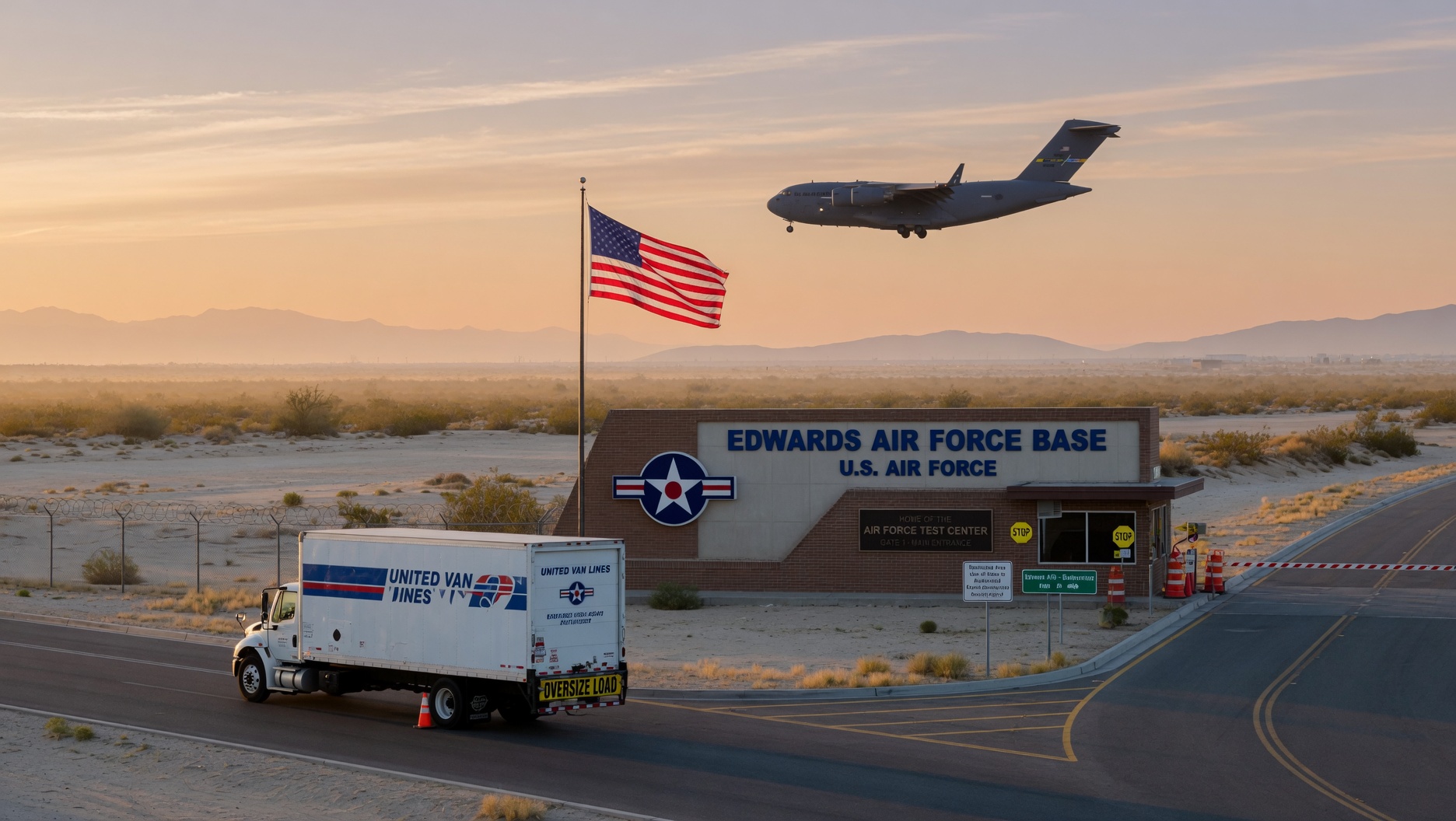 Military transport plane flying over Edwards Air Force Base entrance with American flag, desert landscape, and United Van Lines truck at sunset in California's Antelope Valley.